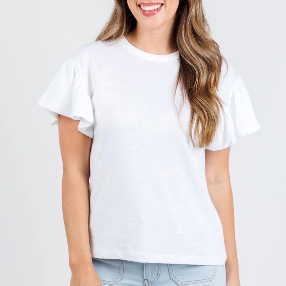 NATION LOS ANGELES Camille Ruffle Sleeve Cotton T-Shirt White Size Large